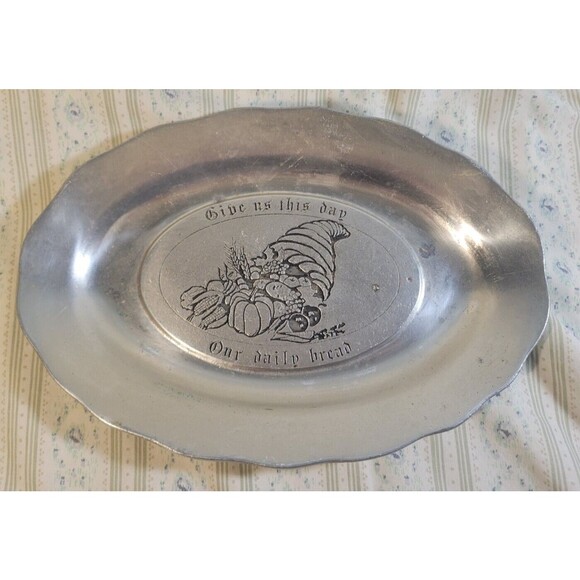 Vintage Pewter Give Us This Day Our Daily Bread Plate Serving Tray our father - Picture 1 of 5